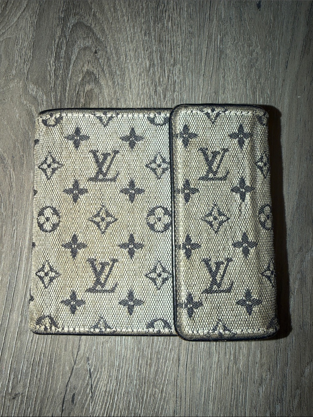 Louis Vuitton Mini Lin Monogram Denim Compact Wallet Navy Blue Gray Porte Billet